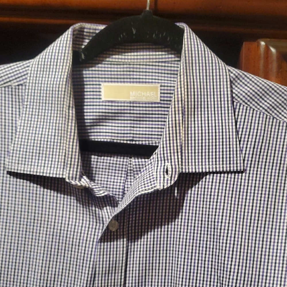 Michael Kors Men's Navy and White Checkered Dress Shirt